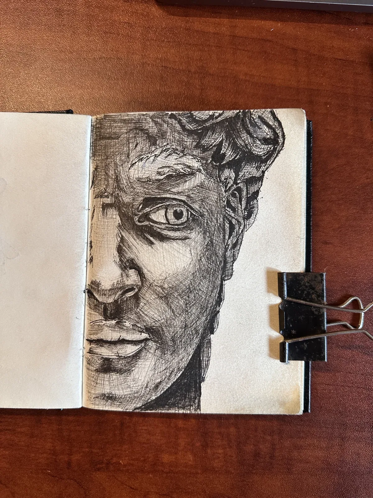 Crosshatched ballpoint study of a classical sculpture